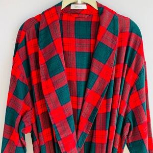 Plaid Robe Red Green Cotton Lightweight Mens Unisex Wrap Front Pockets EUC XL